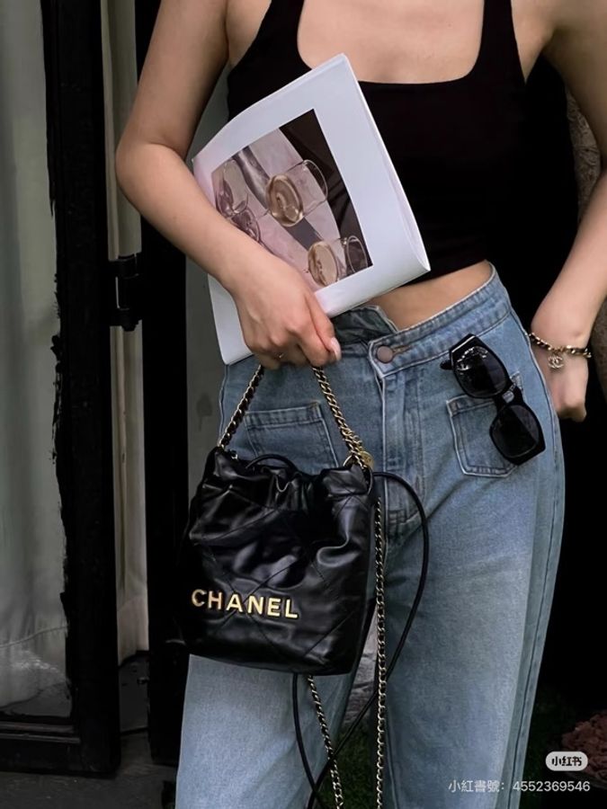 二手CHANEL黑色金字22bag mini 垃圾袋AS3980B 25P-13