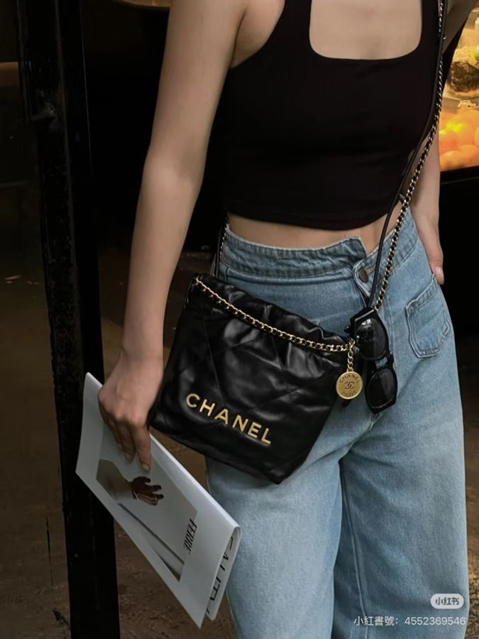 二手CHANEL黑色金字22bag mini 垃圾袋AS3980B 25P-14