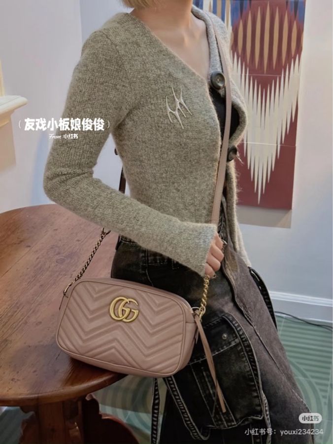 二手GUCCI 奶茶色447632 GG Marmont馬夢小牛皮古銅鏈相機包-15