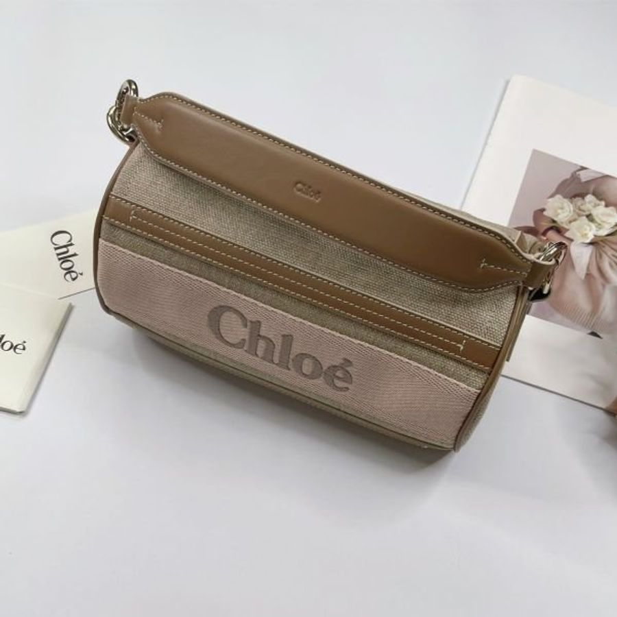 Chloé WOODY 亞麻拼接皮革圓筒包-4