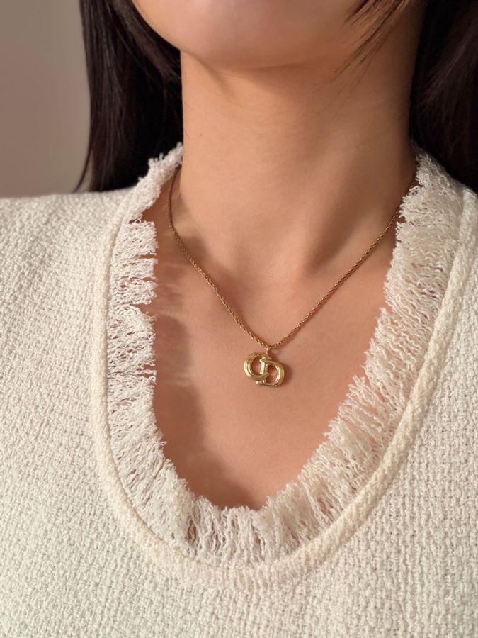 Dior 迪奧 中古經典立體扭紋 CD Logo 金色 鍍金 頸鏈 項鏈-0