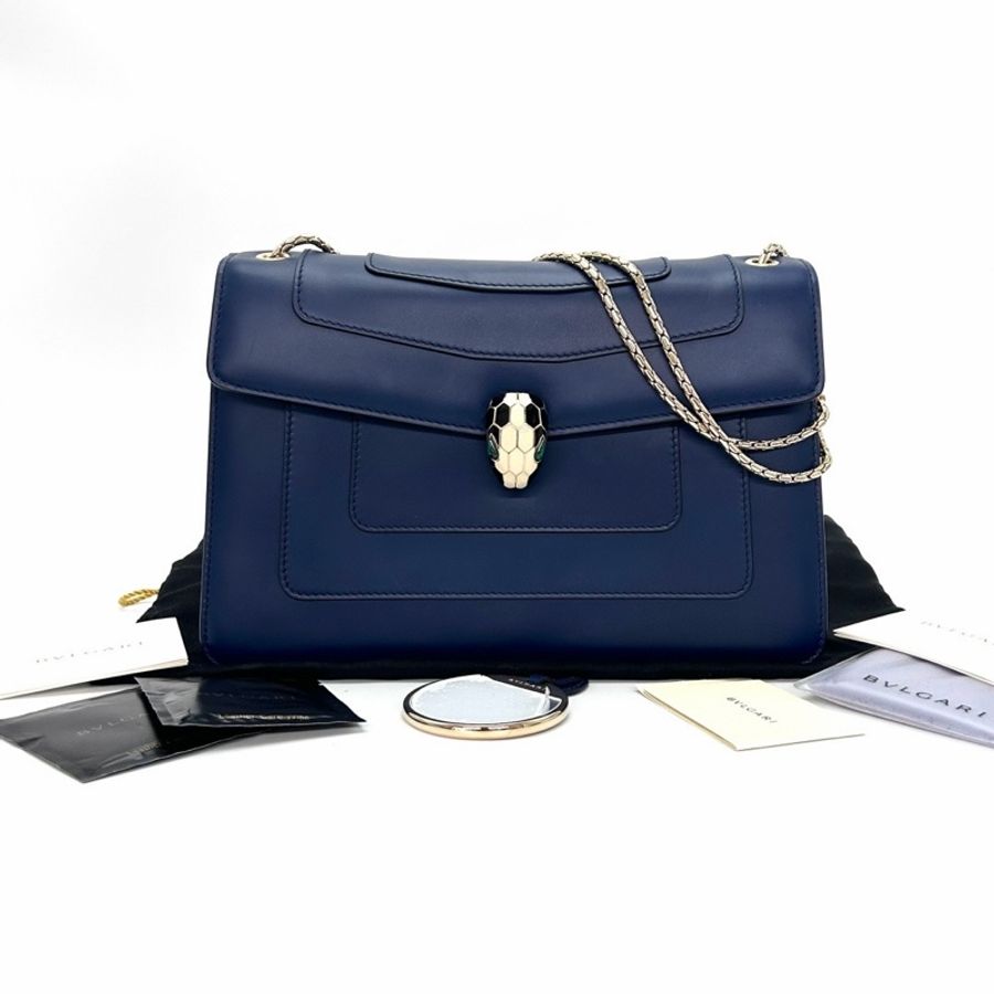 【威選精品】💙 BVLGARI Serpenti Forever 藍色金扣大號蛇頭肩背包-5