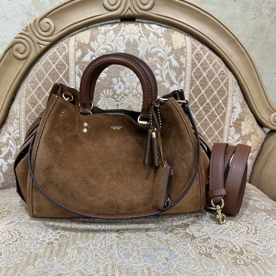 Coach 咖麂皮拚咖牛皮金釦Rogue31手提肩斜背包-0