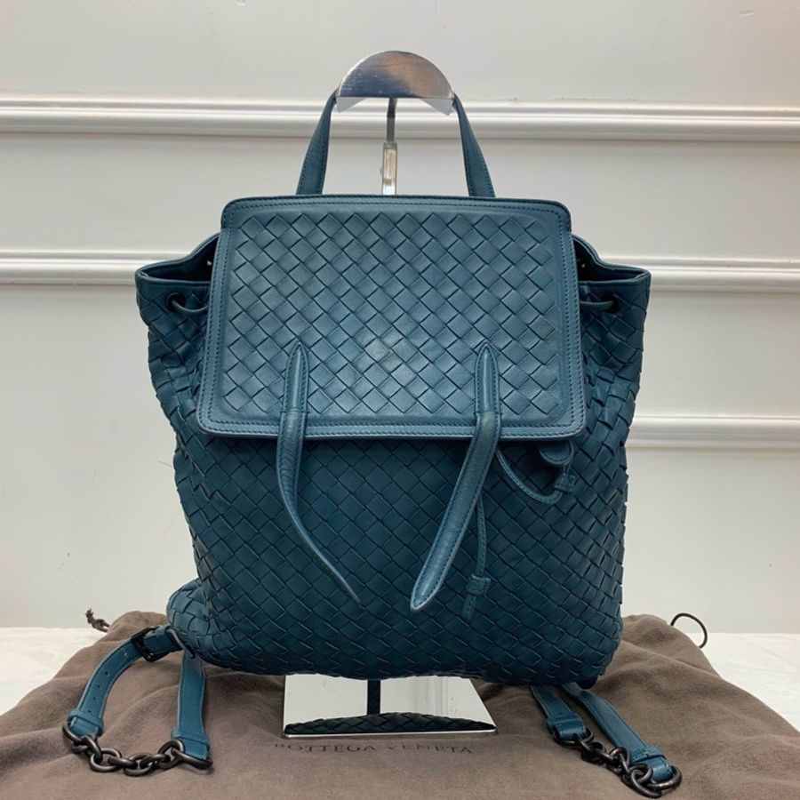 Bottega Veneta葆蝶家雙肩包 藍色羊皮 BV經典編織背包 抽繩設計 鏈條肩帶可拆卸-0