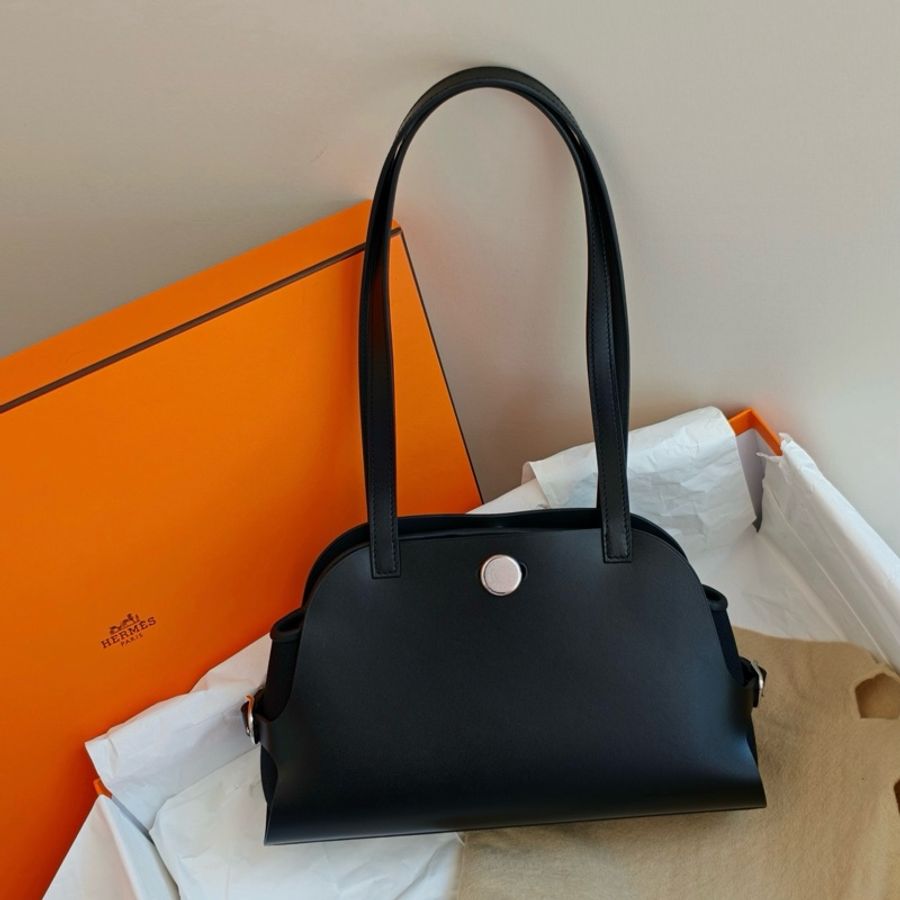 Hermes愛馬仕Tablier sellier黑銀 swift皮拼帆布 單肩包-1