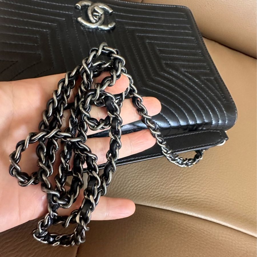 CHANEL/香奈兒 黑銀鏈條包斜挎包 21開-5