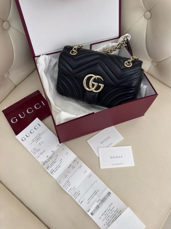 二手GUCCI 黑色亮金色 GG Marmont馬夢小牛皮金鏈肩背包837280-13