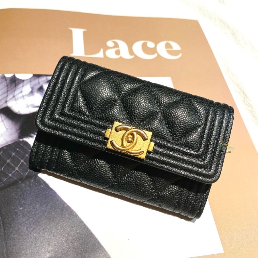 CHANEL 香奈兒 A80603 Boy系列 黑色 x 復古金 荔枝皮 牛皮 單層 釦式卡包 卡夾 小錢包 零錢包-0