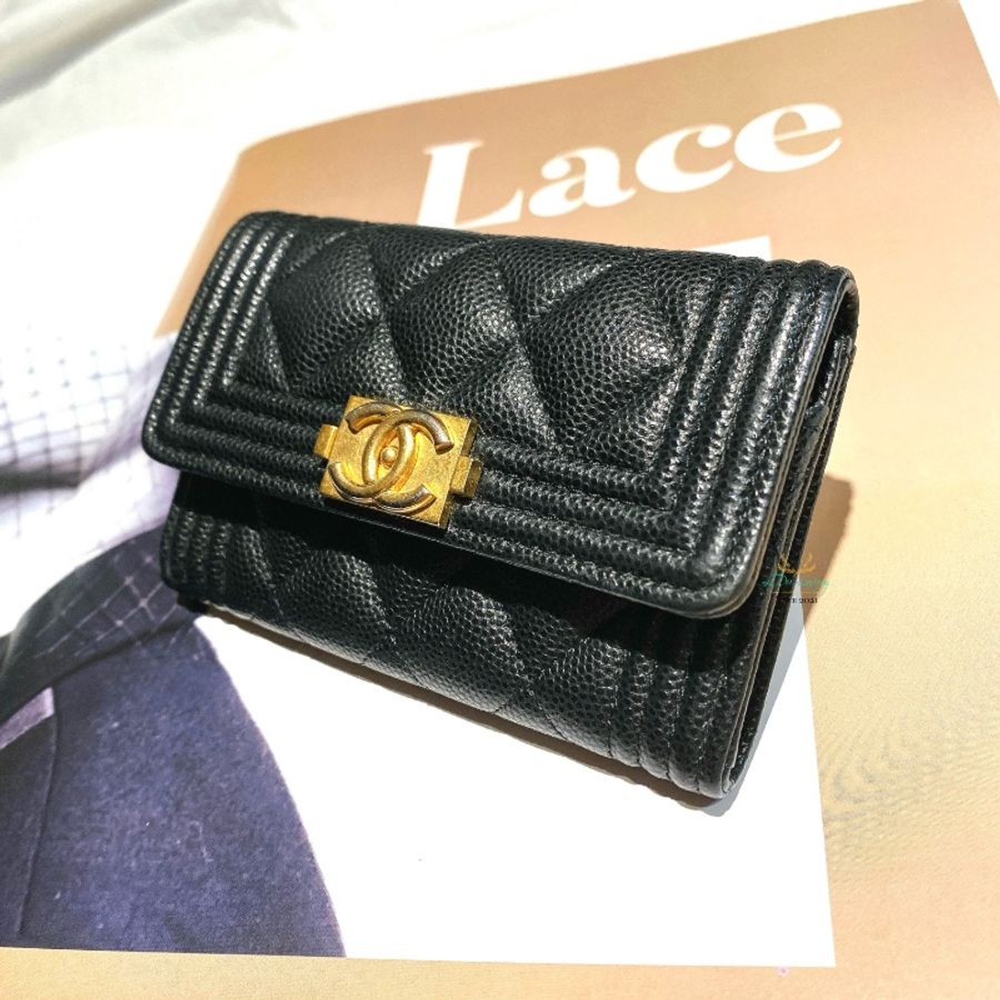 CHANEL 香奈兒 A80603 Boy系列 黑色 x 復古金 荔枝皮 牛皮 單層 釦式卡包 卡夾 小錢包 零錢包-1