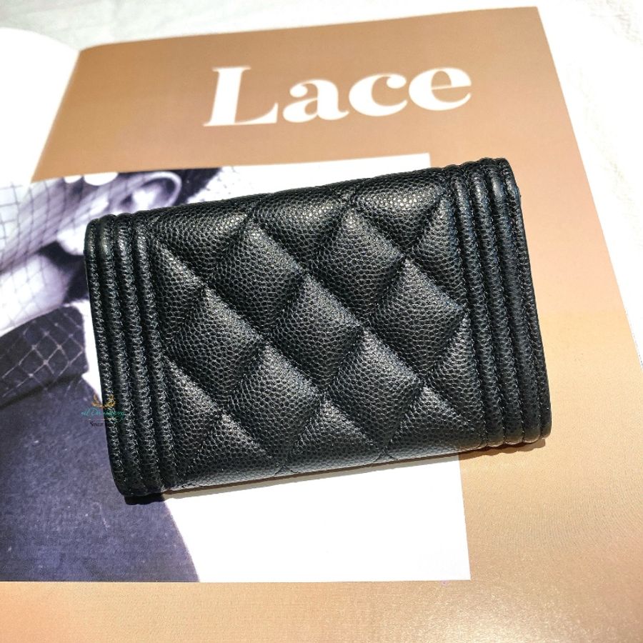 CHANEL 香奈兒 A80603 Boy系列 黑色 x 復古金 荔枝皮 牛皮 單層 釦式卡包 卡夾 小錢包 零錢包-2