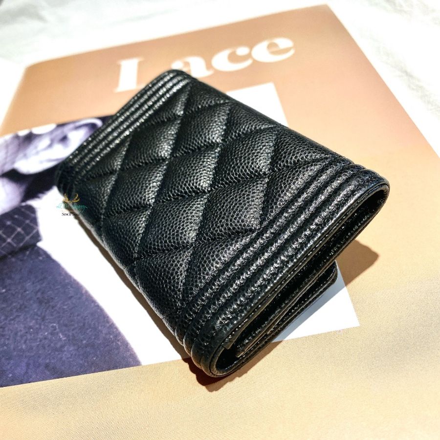CHANEL 香奈兒 A80603 Boy系列 黑色 x 復古金 荔枝皮 牛皮 單層 釦式卡包 卡夾 小錢包 零錢包-3