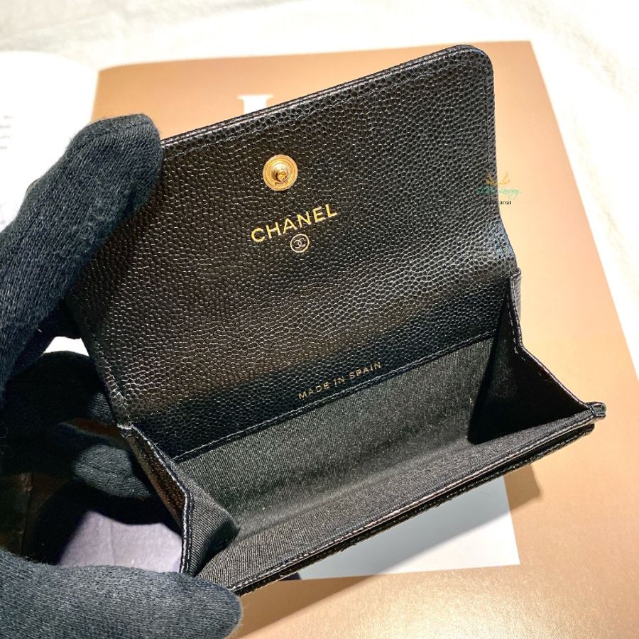 CHANEL 香奈兒 A80603 Boy系列 黑色 x 復古金 荔枝皮 牛皮 單層 釦式卡包 卡夾 小錢包 零錢包-7