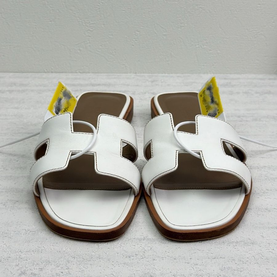 HERMES愛馬仕 Oran 一字拖鞋 女款 白棕 36.5碼-1