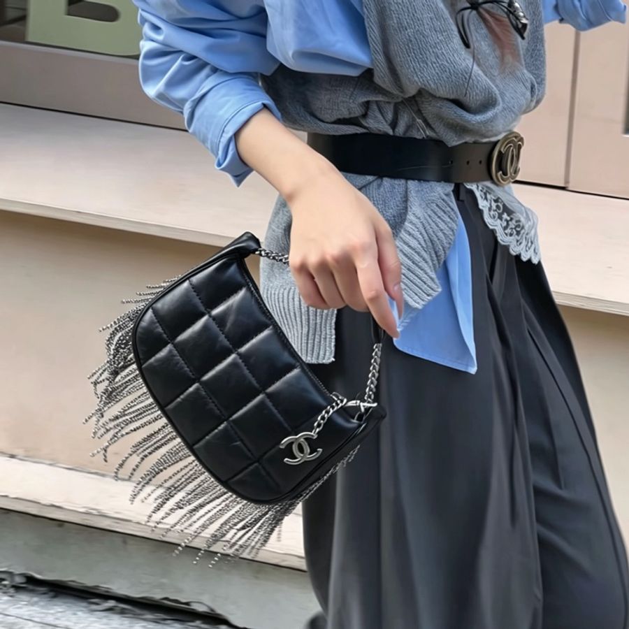CHANEL香奈兒Vintage黑銀流蘇冰格HoBo包💈🪩-0