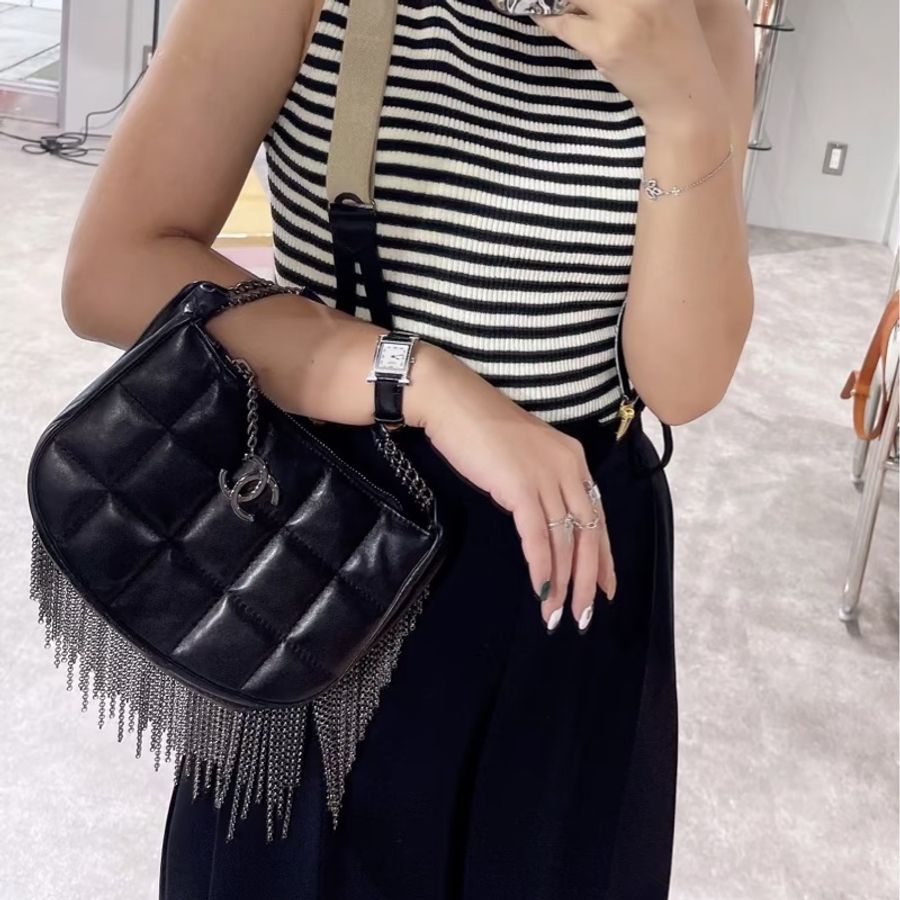 CHANEL香奈兒Vintage黑銀流蘇冰格HoBo包💈🪩-5