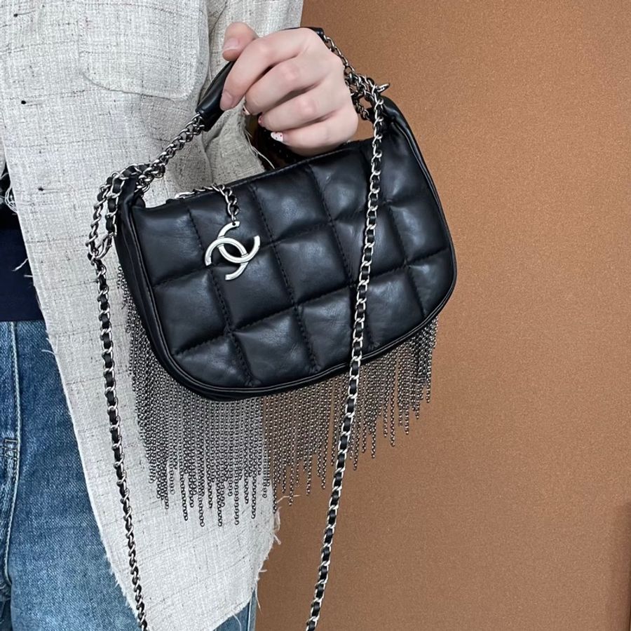 CHANEL香奈兒Vintage黑銀流蘇冰格HoBo包💈🪩-8