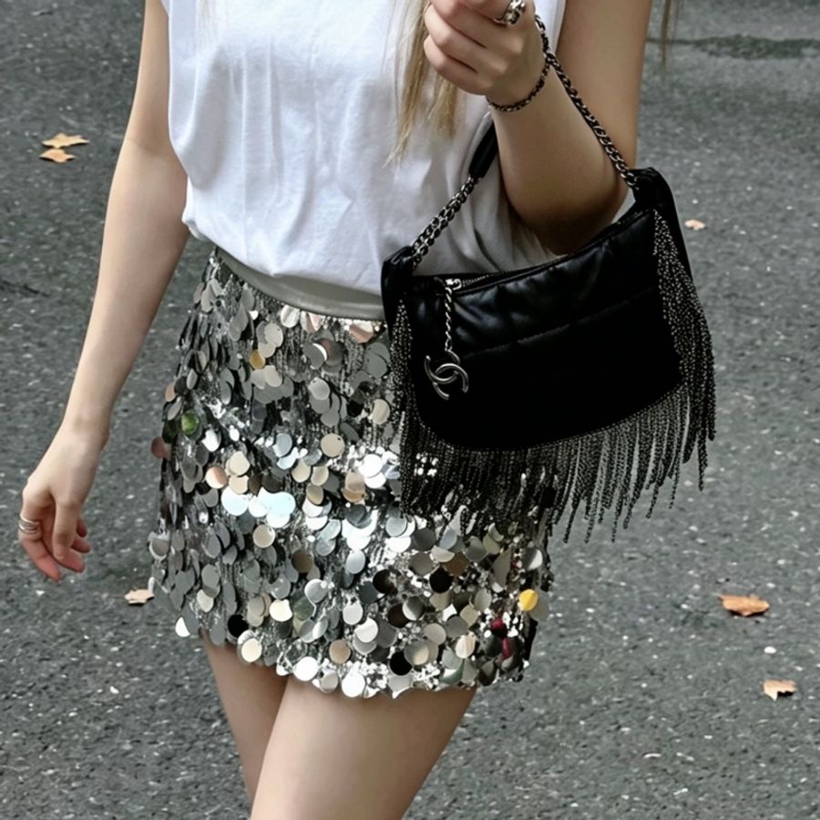 CHANEL香奈兒Vintage黑銀流蘇冰格HoBo包💈🪩-9