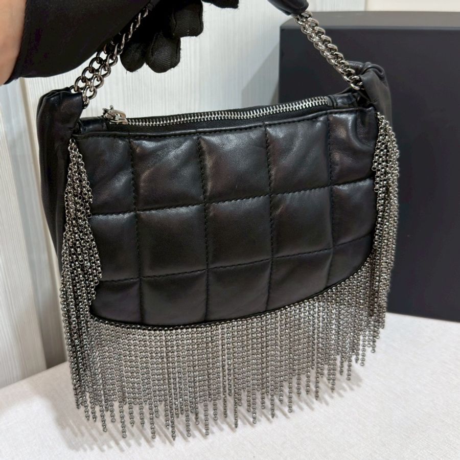 CHANEL香奈兒Vintage黑銀流蘇冰格HoBo包💈🪩-14