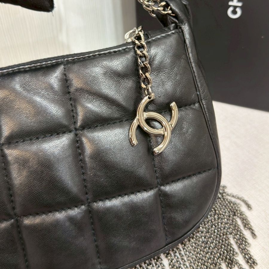 CHANEL香奈兒Vintage黑銀流蘇冰格HoBo包💈🪩-16