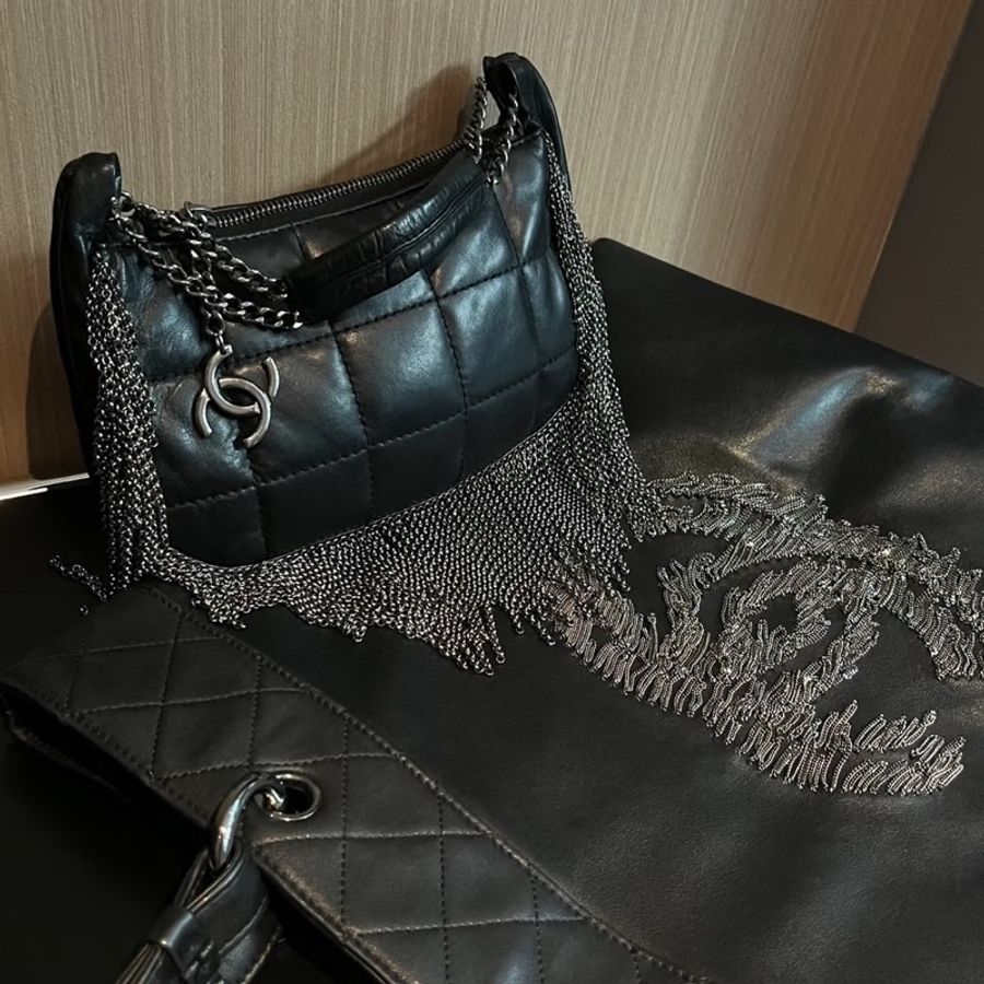CHANEL香奈兒Vintage黑銀流蘇冰格HoBo包💈🪩-25