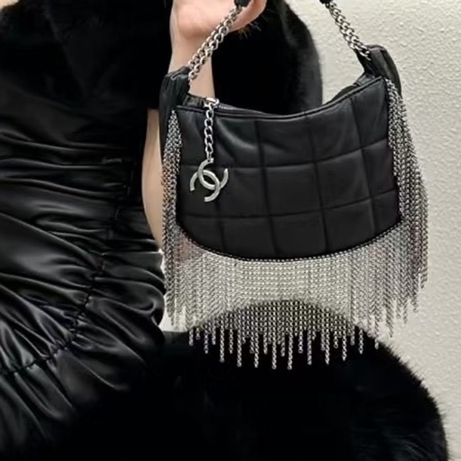 CHANEL香奈兒Vintage黑銀流蘇冰格HoBo包💈🪩-26