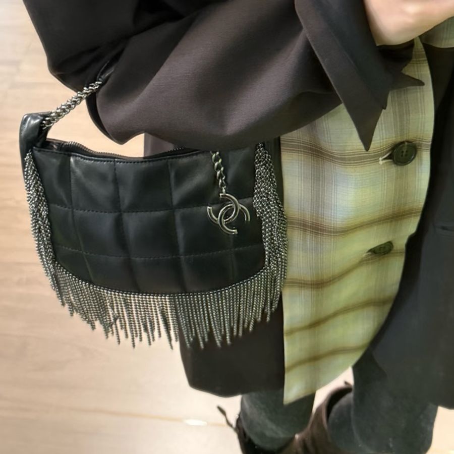 CHANEL香奈兒Vintage黑銀流蘇冰格HoBo包💈🪩-28