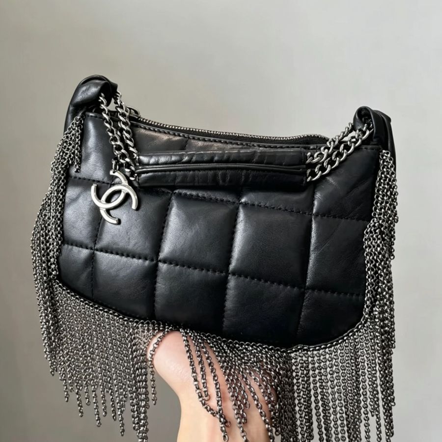 CHANEL香奈兒Vintage黑銀流蘇冰格HoBo包💈🪩-32