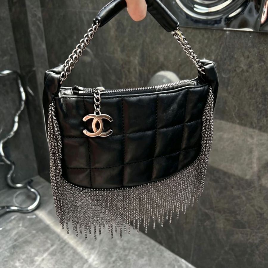 CHANEL香奈兒Vintage黑銀流蘇冰格HoBo包💈🪩-33