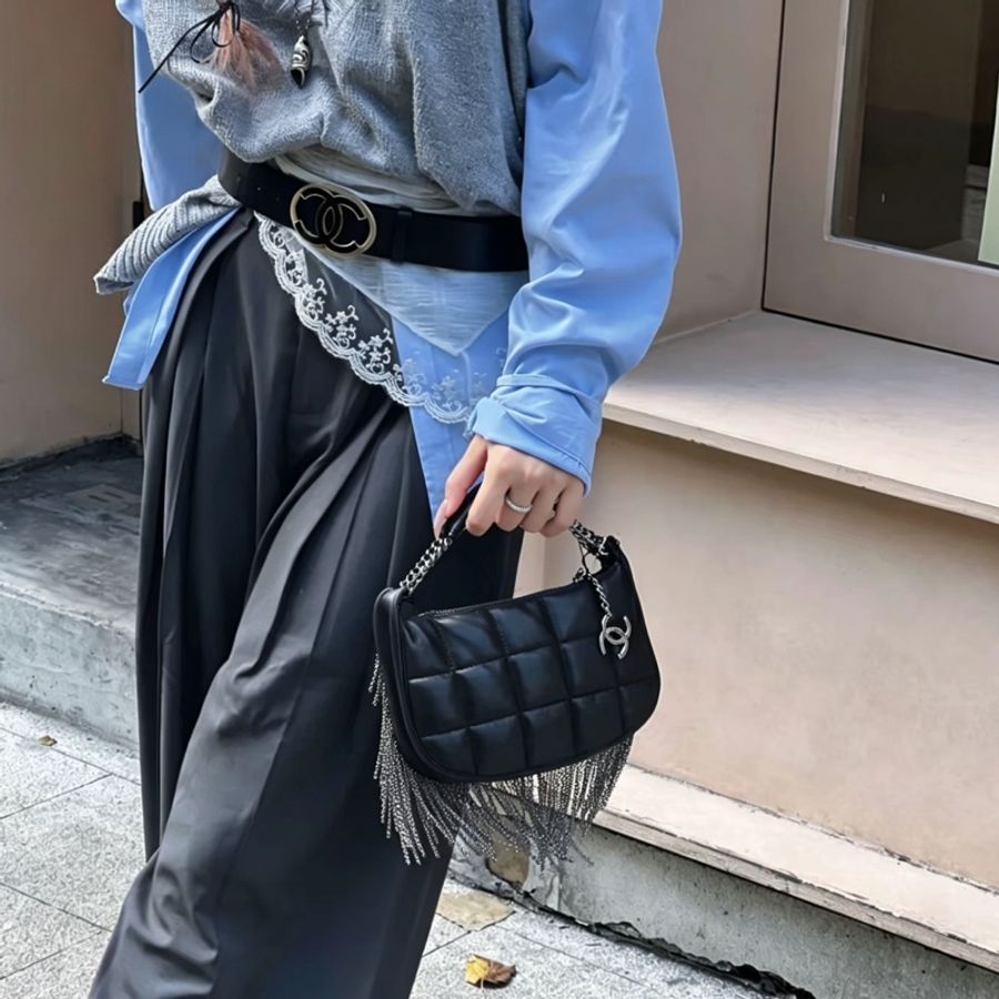 CHANEL香奈兒Vintage黑銀流蘇冰格HoBo包💈🪩-34