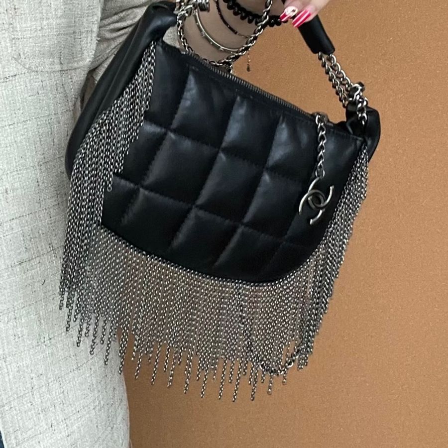 CHANEL香奈兒Vintage黑銀流蘇冰格HoBo包💈🪩-35