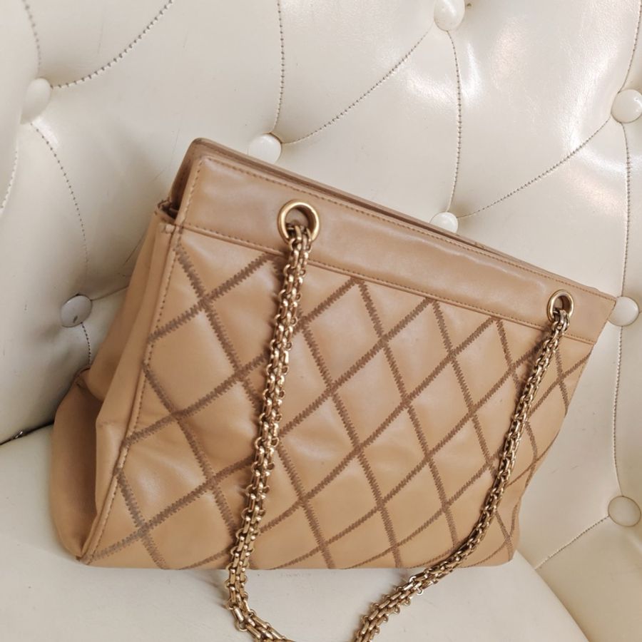 香奈兒/Chanel 卡其色外縫金扣菱格鏈條包-5