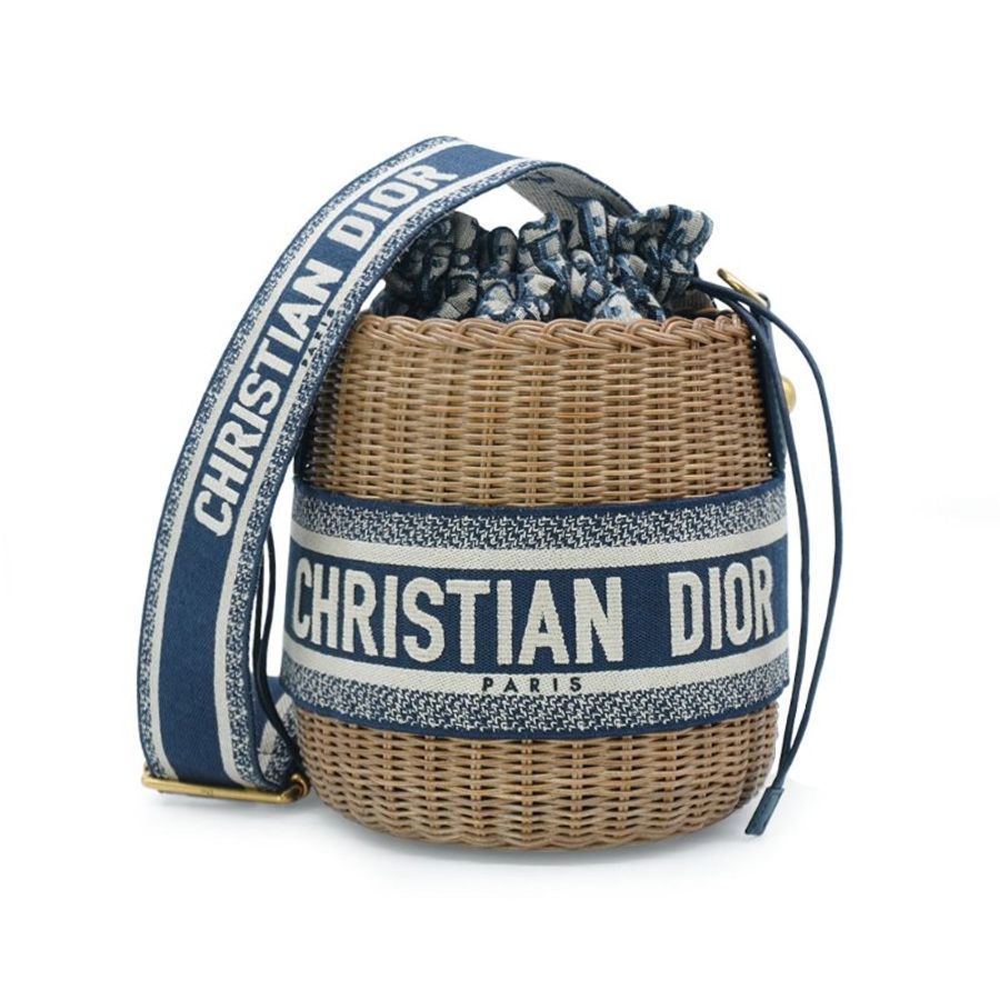 Dior 展示品 Wickker 編織緹花藤籃刺繡水桶包(藍)-0