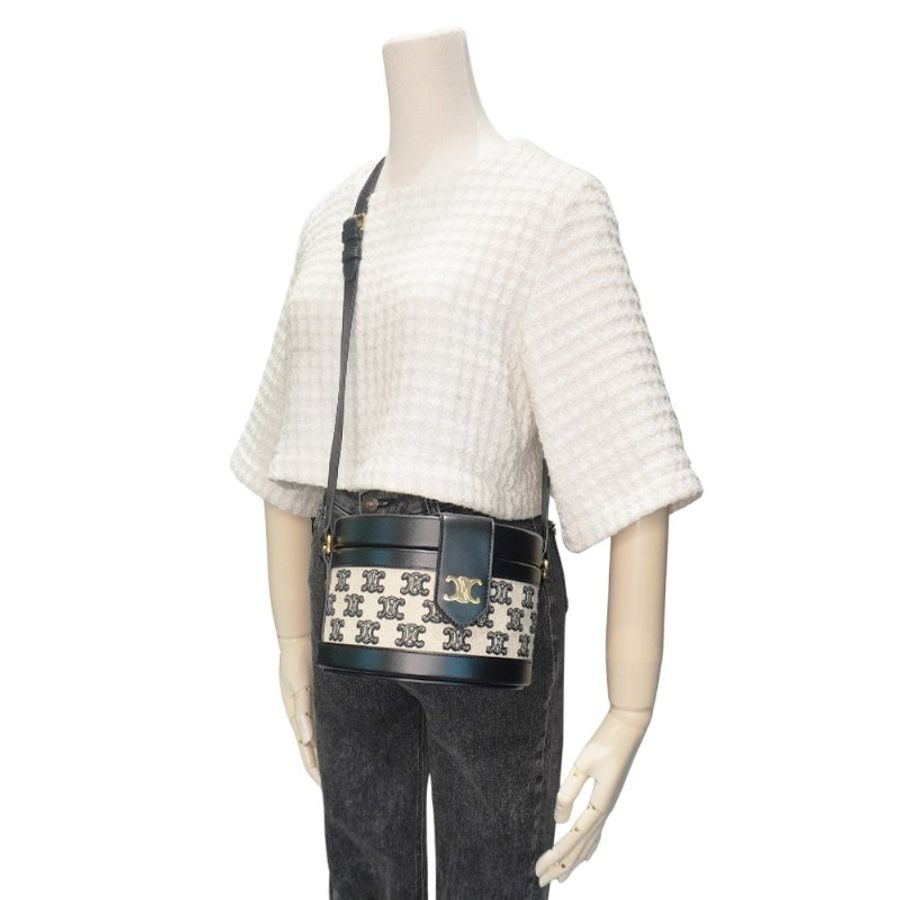 Celine 展示品 Tambour Triomphe 標誌印花帆布凱旋門圓筒包(黑/白)-5