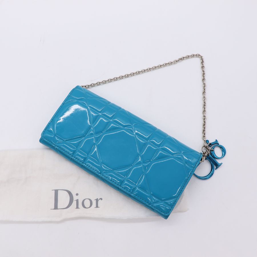 Dior 藍色漆皮 鍊條 手提長夾(多夾層+多卡位)-11