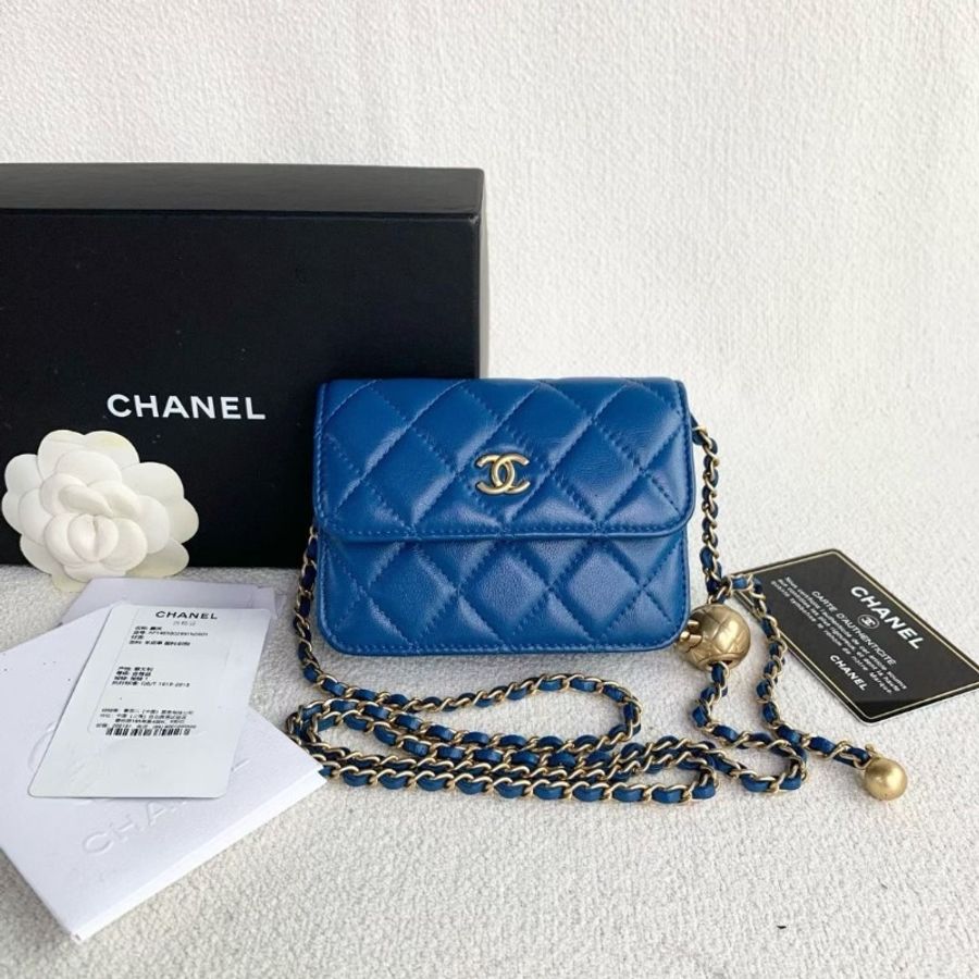 Chanel mini金球woc鏈條包 藍色 金扣 羊皮 12*9*3 95新 配件盒 購證 保卡-0