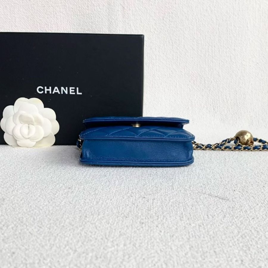 Chanel mini金球woc鏈條包 藍色 金扣 羊皮 12*9*3 95新 配件盒 購證 保卡-3