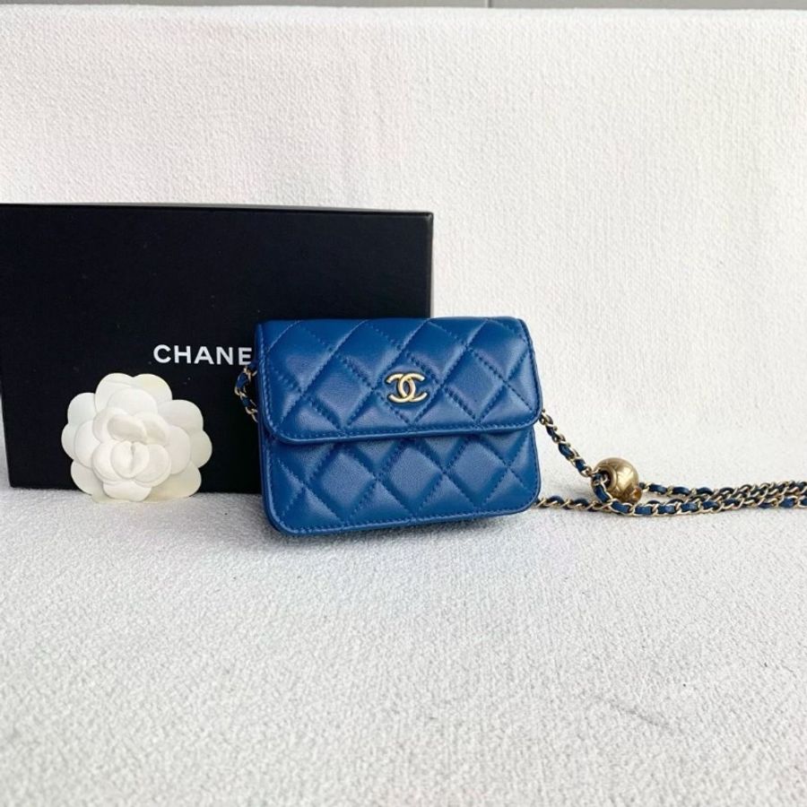 Chanel mini金球woc鏈條包 藍色 金扣 羊皮 12*9*3 95新 配件盒 購證 保卡-4