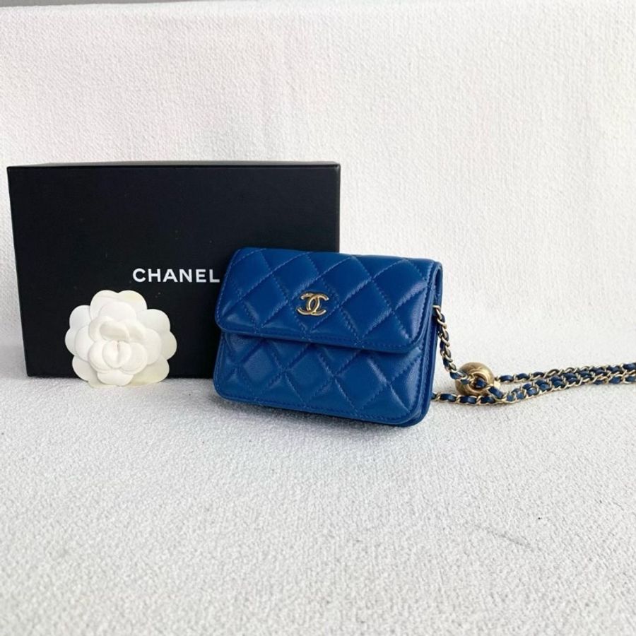 Chanel mini金球woc鏈條包 藍色 金扣 羊皮 12*9*3 95新 配件盒 購證 保卡-5