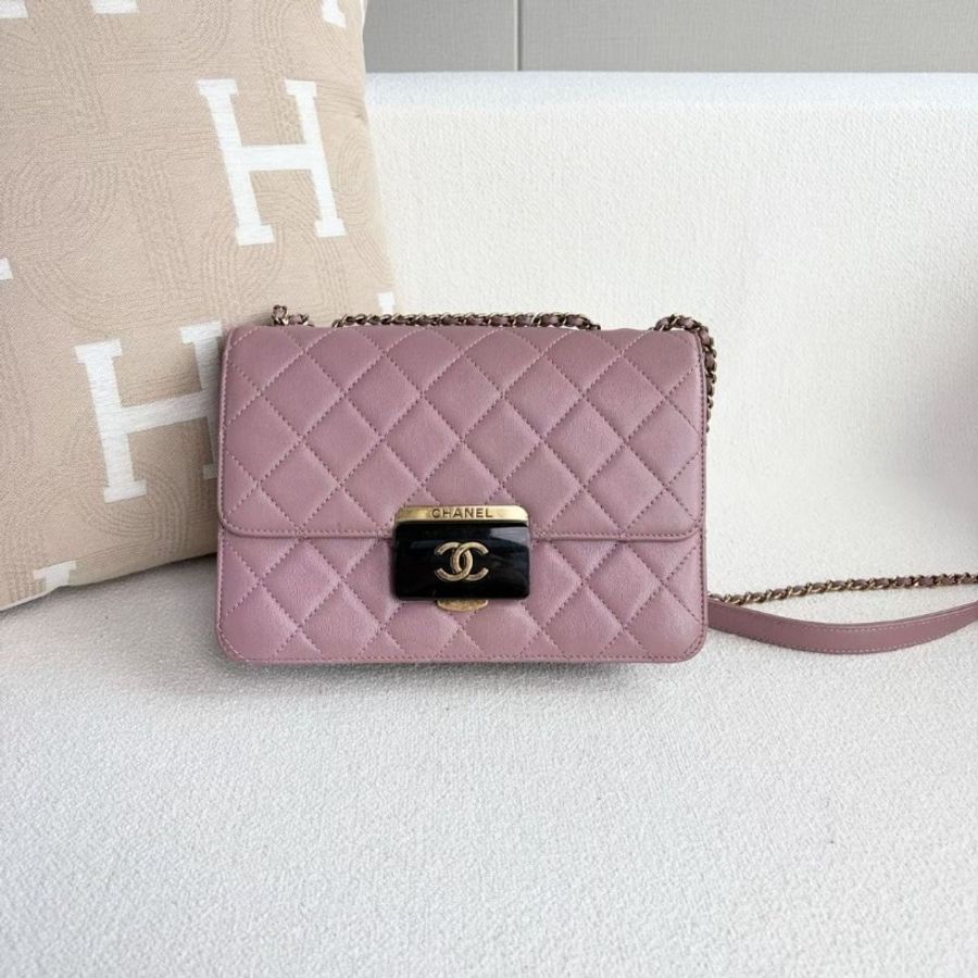 Chanel 紫色亞克力扣CF鏈條包 羊皮 24*16*7 9新 配件塵袋-4