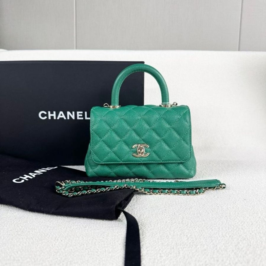 Chanel mini Cocohandle鏈條包 芯片款 綠色金扣 荔枝皮 20*12*9 95新 配件塵袋 肩帶-2
