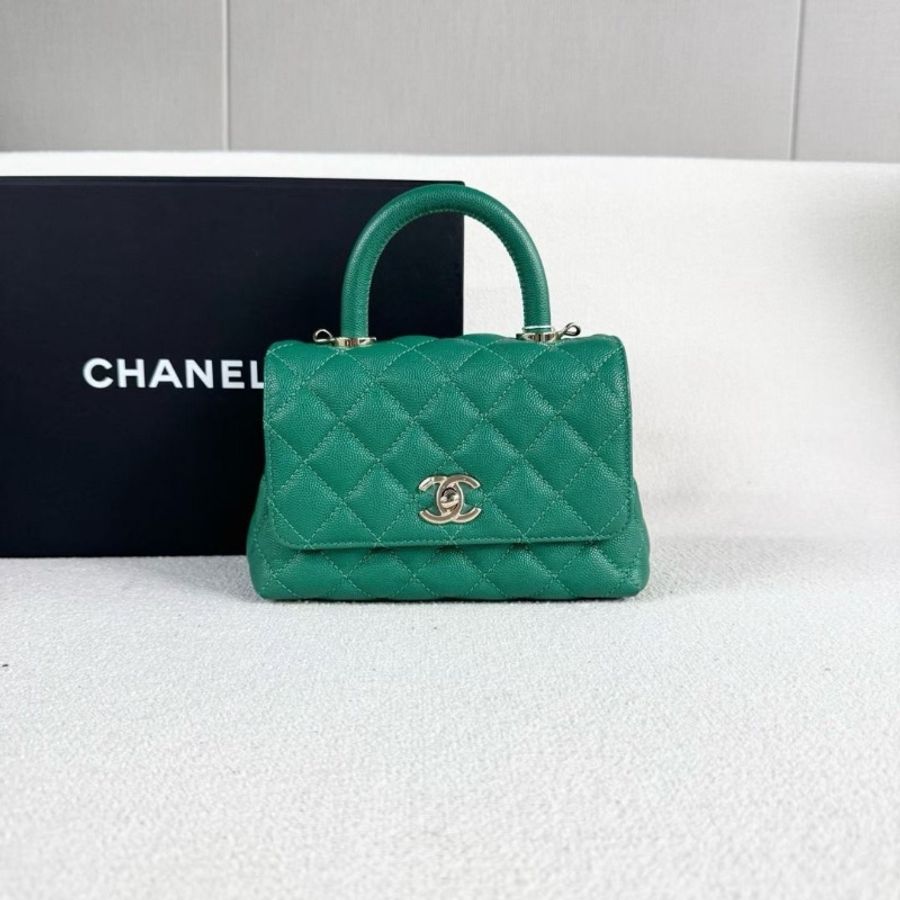 Chanel mini Cocohandle鏈條包 芯片款 綠色金扣 荔枝皮 20*12*9 95新 配件塵袋 肩帶-6