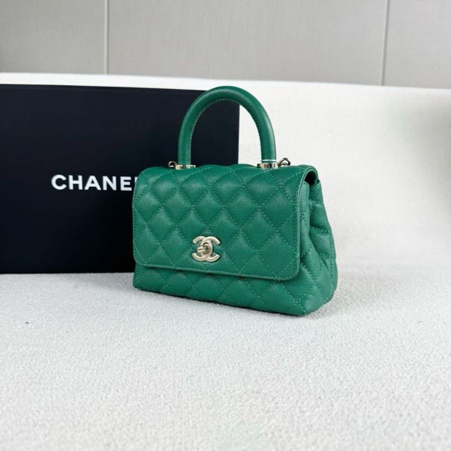 Chanel mini Cocohandle鏈條包 芯片款 綠色金扣 荔枝皮 20*12*9 95新 配件塵袋 肩帶-7