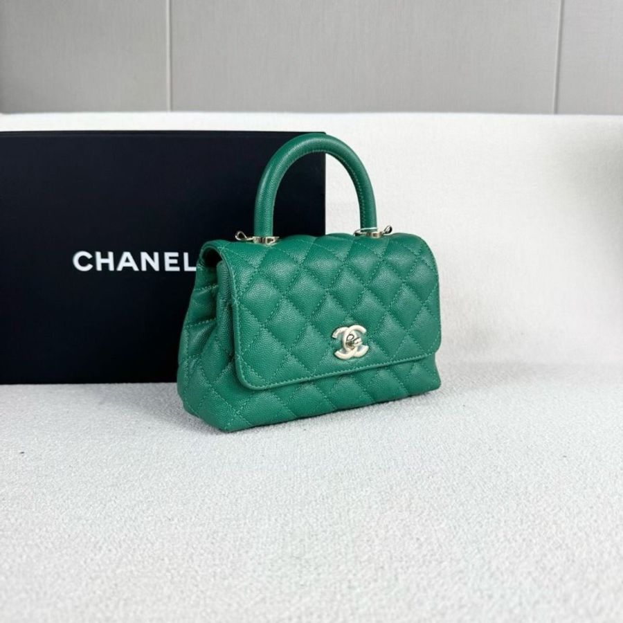 Chanel mini Cocohandle鏈條包 芯片款 綠色金扣 荔枝皮 20*12*9 95新 配件塵袋 肩帶-8