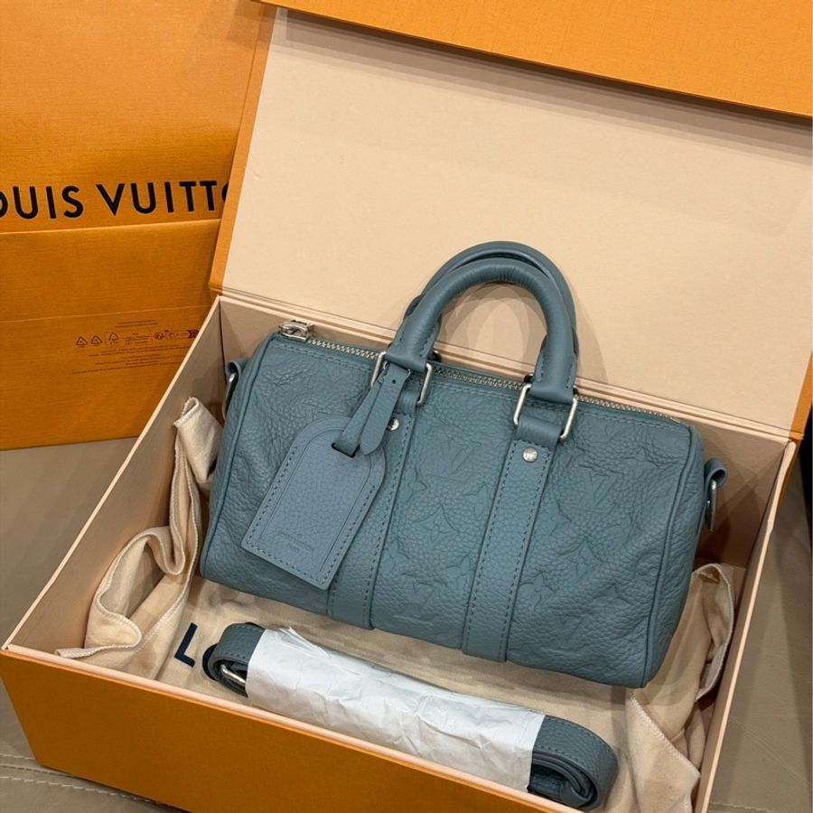 摩登紳士風🈶購證💎Lv路易威登霧霾青藍全牛皮keepall25保齡球包手提單肩斜挎包-1