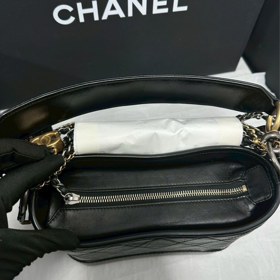 99新全配🈶購證😍Chanel香奈兒黑金菱格紋皮穿鏈手柄小號流浪包單肩斜挎手提包-13