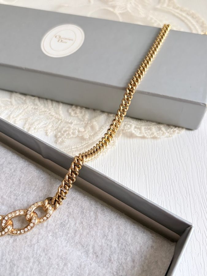 Dior 中古經典復古金色滿鑽雙環相扣古巴鏈項鏈附原裝盒 迪奧-5