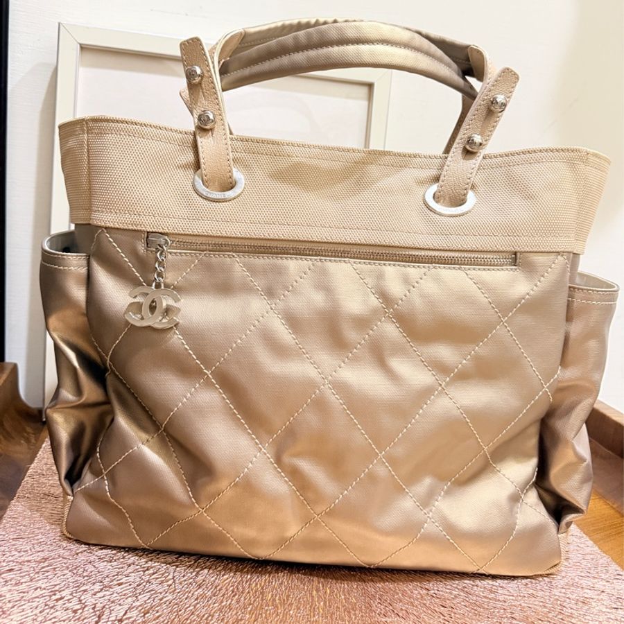 CHANEL 香奈兒 肩背 手提 兩用托特包 很美很美的香檳金🥂媽媽包 日用包 輕旅行-0