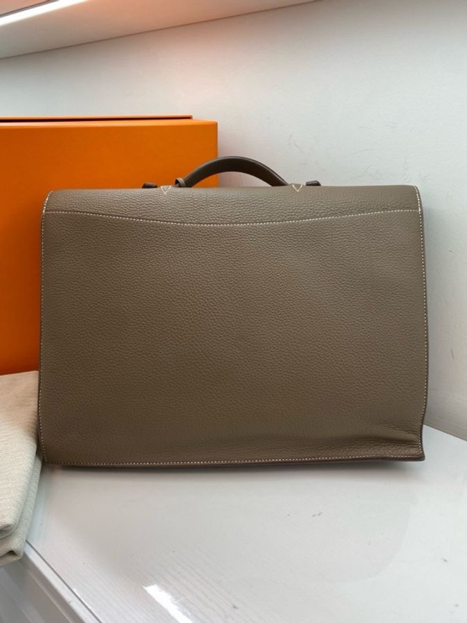 Hermes/愛馬仕  Sac a Depeche 手提公文包 大象灰 銀扣 框Q togo皮 皮牌鑰匙  附件塵袋-1