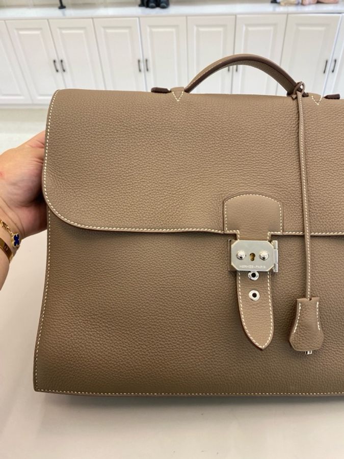 Hermes/愛馬仕  Sac a Depeche 手提公文包 大象灰 銀扣 框Q togo皮 皮牌鑰匙  附件塵袋-2
