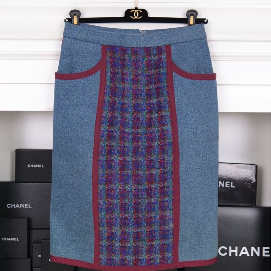 Chanel 91年撞色丹宁牛仔紫色粗花呢滚边外套半裙套装-6
